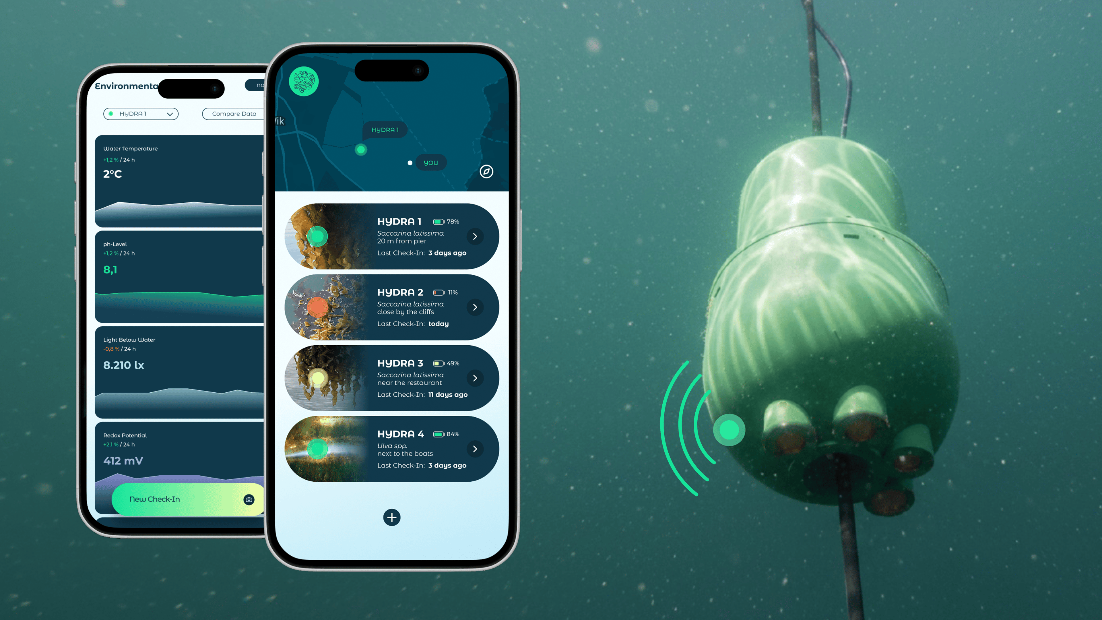 Web app: analytics dashboard with a phone next to a HYDRA buoy